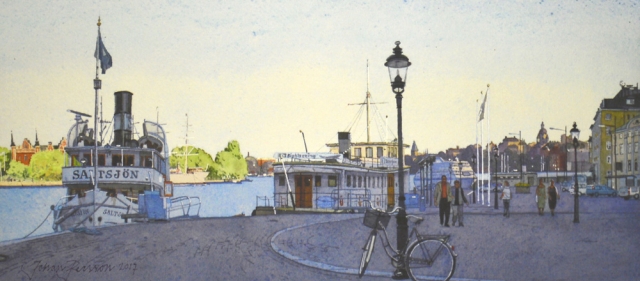 Reproducerad akvarell/giclée - Sommarkväll på Skeppsbron